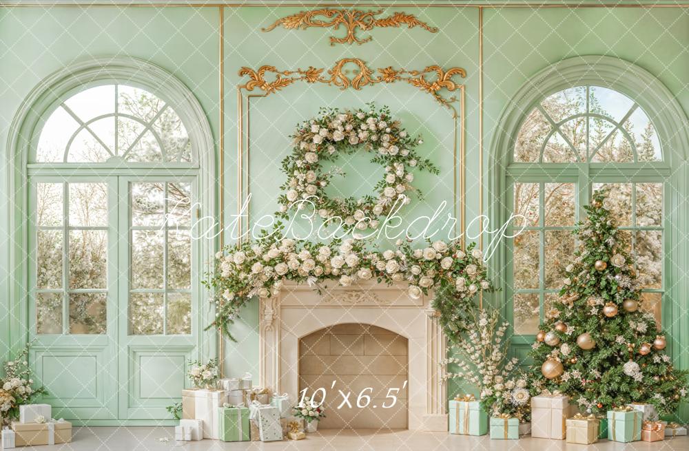 Kate Christmas Fireplace Floral Green Fleece Backdrop Designed by Emetselch - Kate Backdrop AU