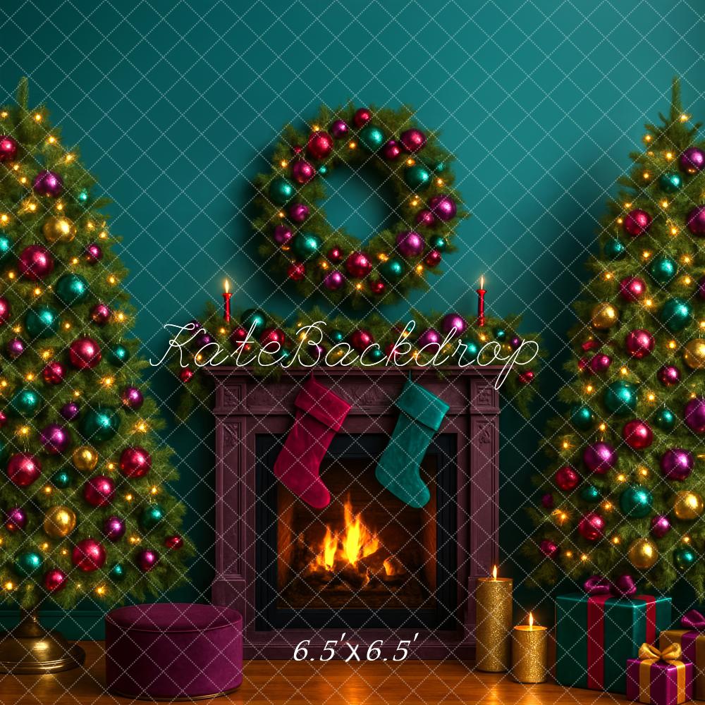 Kate Christmas Trees Fireplace Wreath Backdrop Designed by Megan Leigh - Kate Backdrop AU