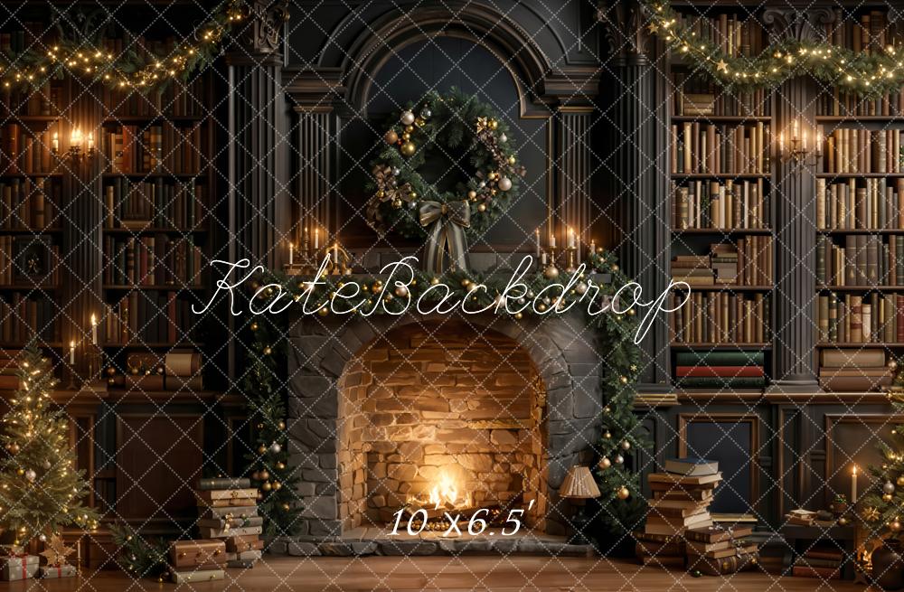 Kate Christmas Fireplace Bookshelves Fleece Backdrop Designed by Emetselch - Kate Backdrop AU