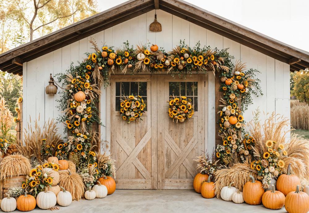 Kate Autumn Pumpkins Sunflowers Rustic Barn Backdrop Designed by Emetselch