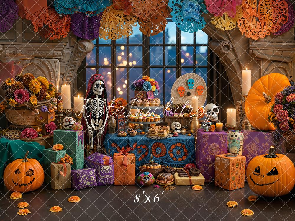 Kate Halloween Skeleton Pumpkins Fleece Backdrop Designed by Emetselch
