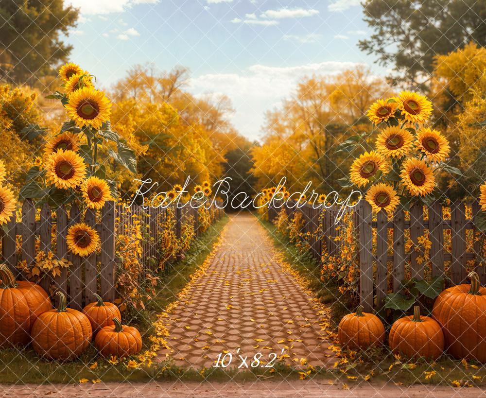Kate Fall Sunflowers Cobblestone Pumpkins Backdrop Designed by Emetselch - Kate Backdrop AU