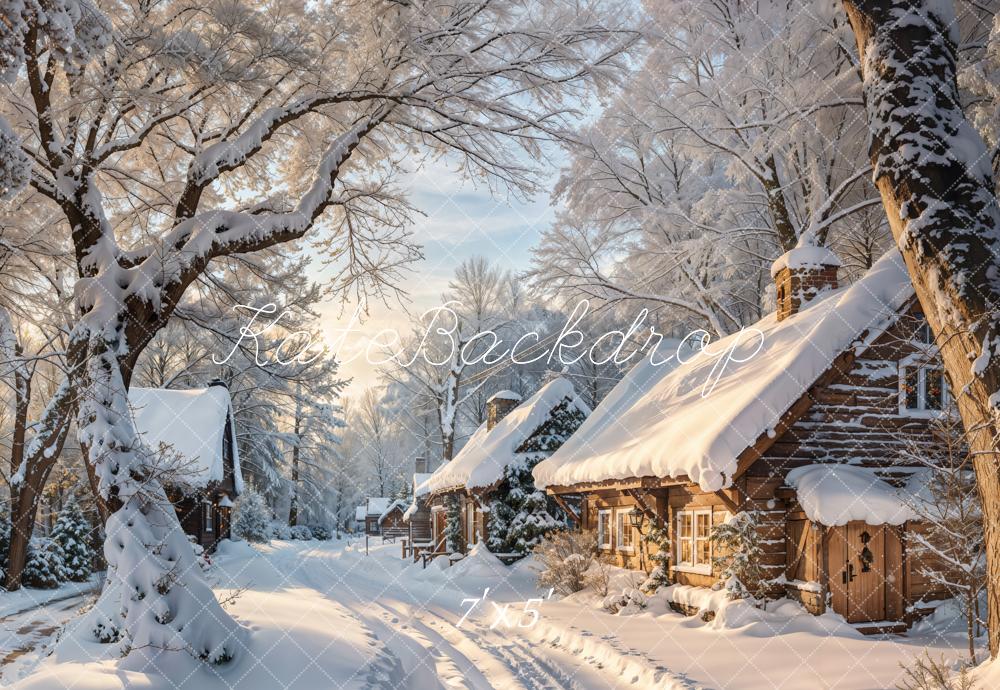 Kate Winter Snowy Cottage Trees Backdrop Designed by Emetselch - Kate Backdrop AU