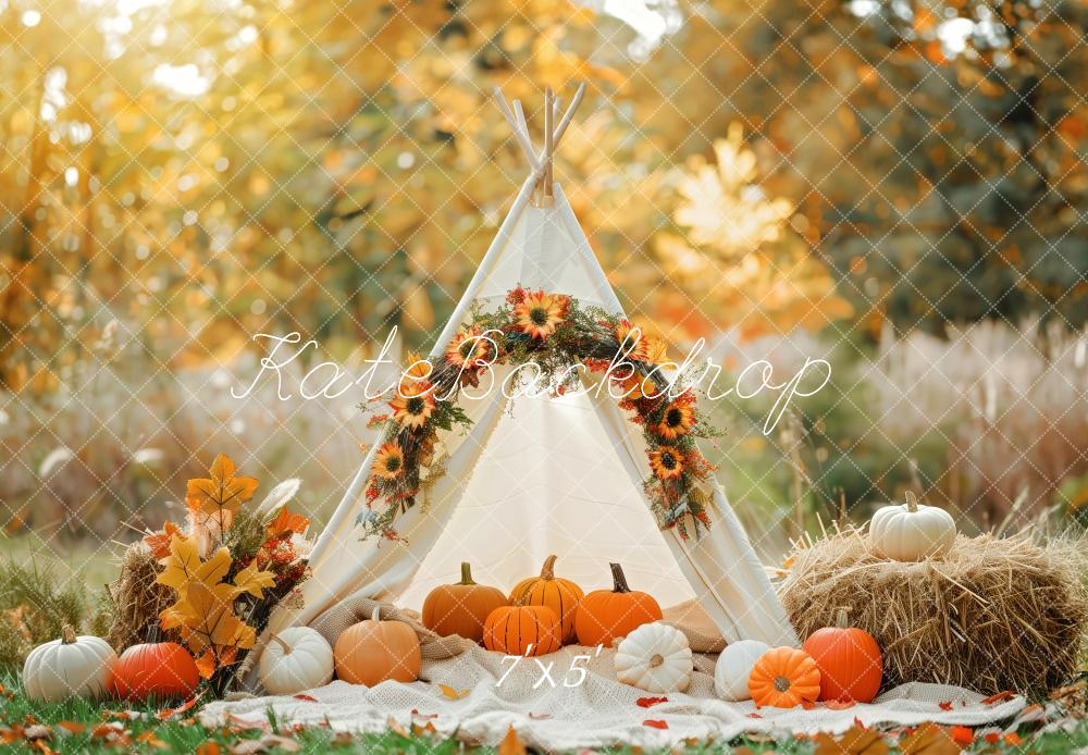 Kate Autumn Teepee Pumpkins Hay Bales Backdrop Designed by Patty Roberts