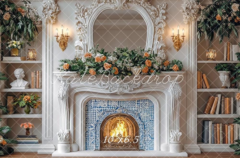 Kate Elegant Fireplace Spring Bookshelves Backdrop Designed by Mini MakeBelieve - Kate Backdrop AU
