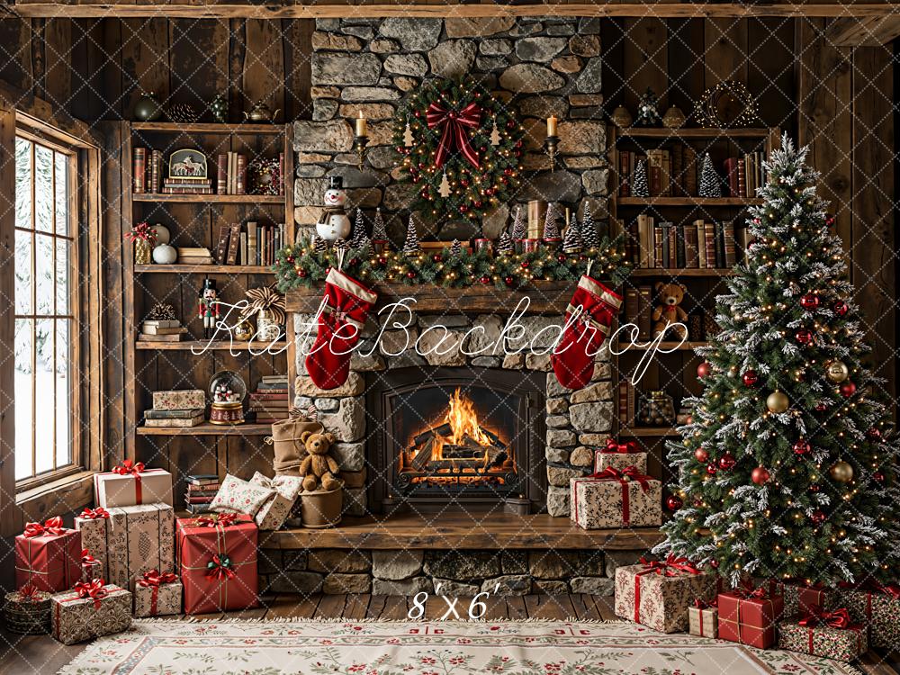 Kate Christmas Fireplace Bookshelves Tree Fleece Backdrop Designed by Emetselch - Kate Backdrop AU