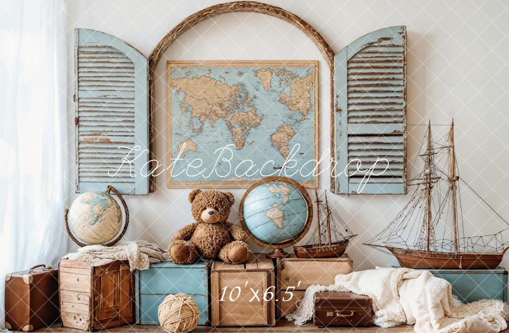 Kate Vintage Map Globe Teddy Bear Nautical Backdrop Designed by Emetselch - Kate Backdrop AU