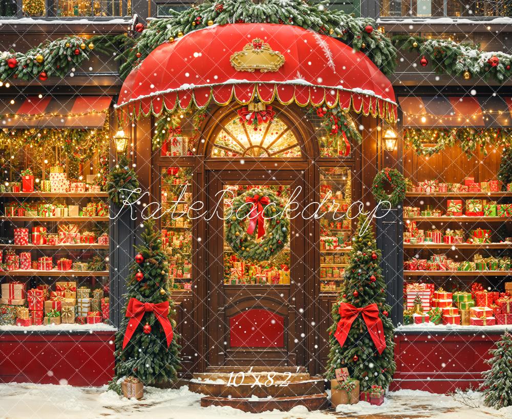 Kate Christmas Shopfront Presents Shelves Red Backdrop Designed by Chain