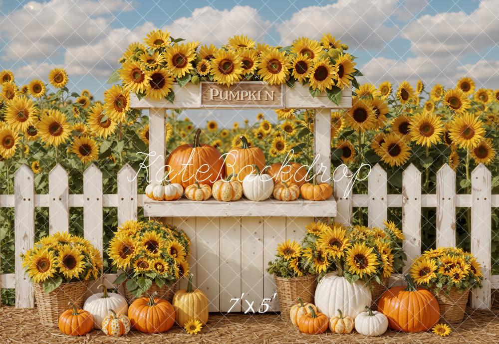 Kate Fall Sunflowers Pumpkins Fence Backdrop Designed by Emetselch