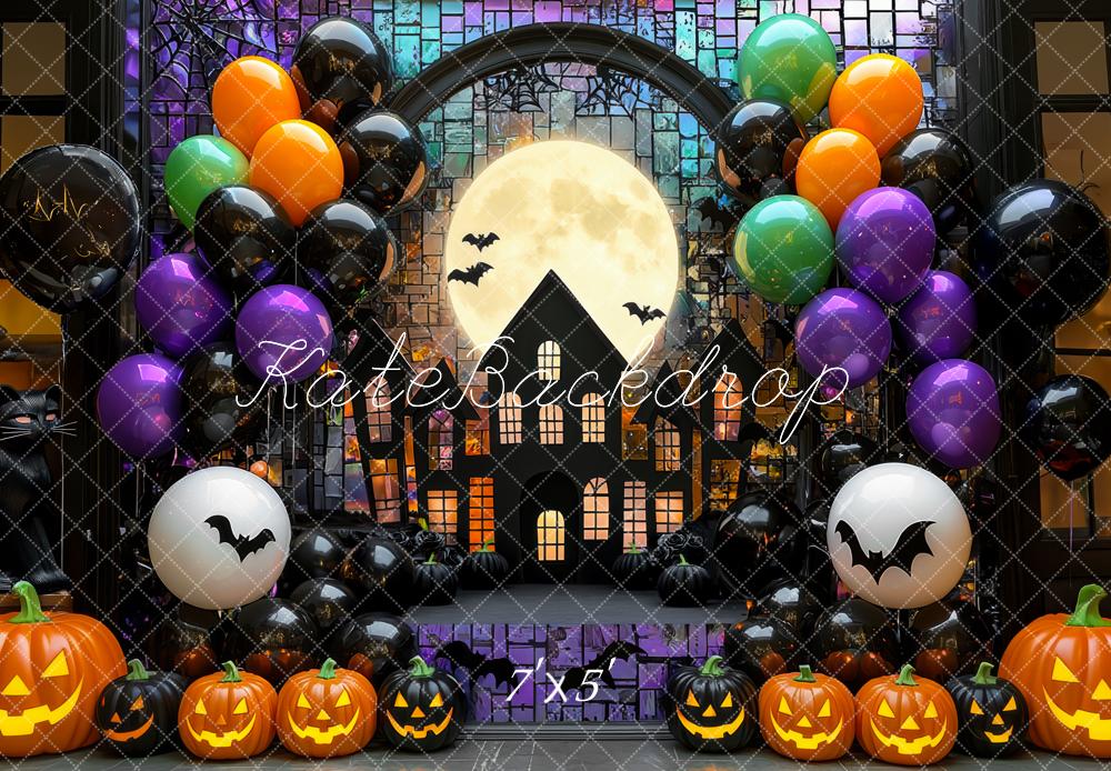 Kate Halloween House Balloons Pumpkins Backdrop Designed by Mini MakeBelieve - Kate Backdrop AU