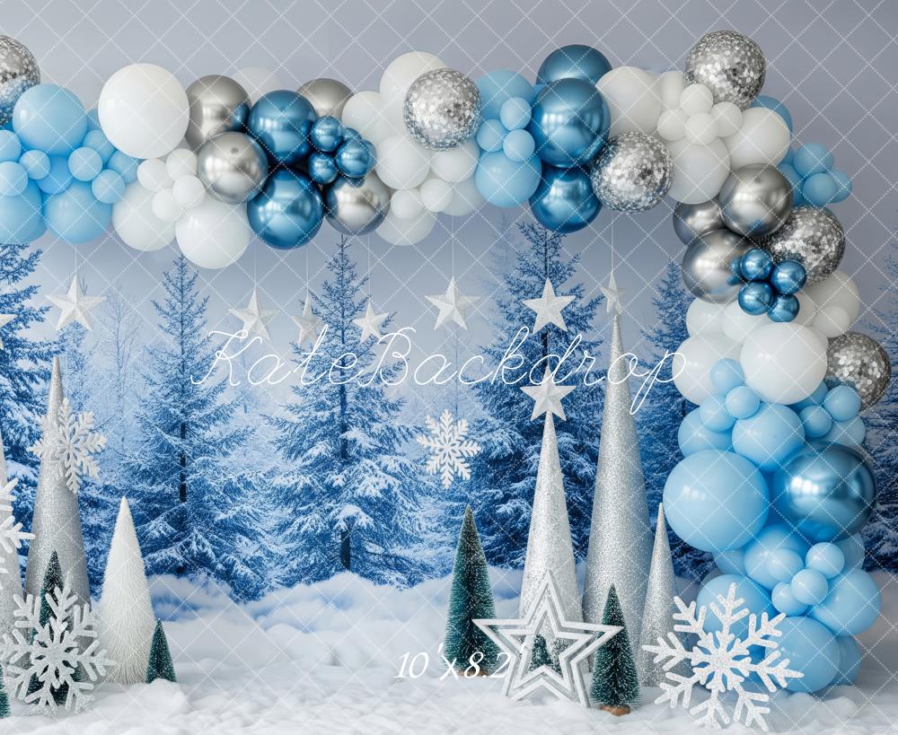 Kate Winter Blue Balloon Snowy Trees Backdrop Designed by Patty Roberts