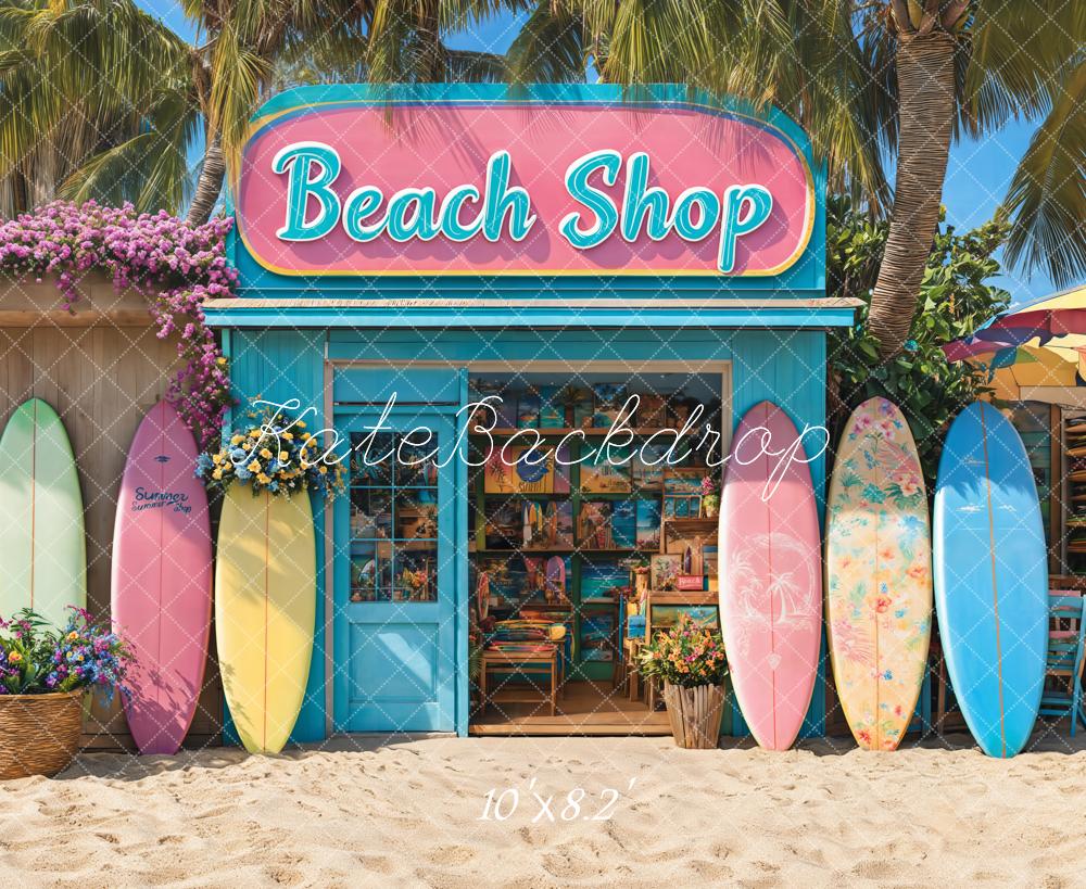 Kate Beach Shop Surfboards Palm Trees Backdrop Designed by Emetselch