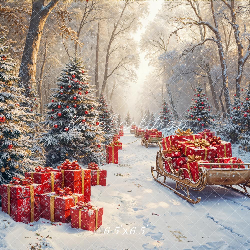 Kate Christmas Snowy Forest Sled Presents Backdrop Designed by Emetselch