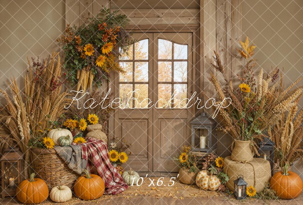 Kate Fall Pumpkins Sunflowers Rustic Fleece Backdrop Designed by Emetselch