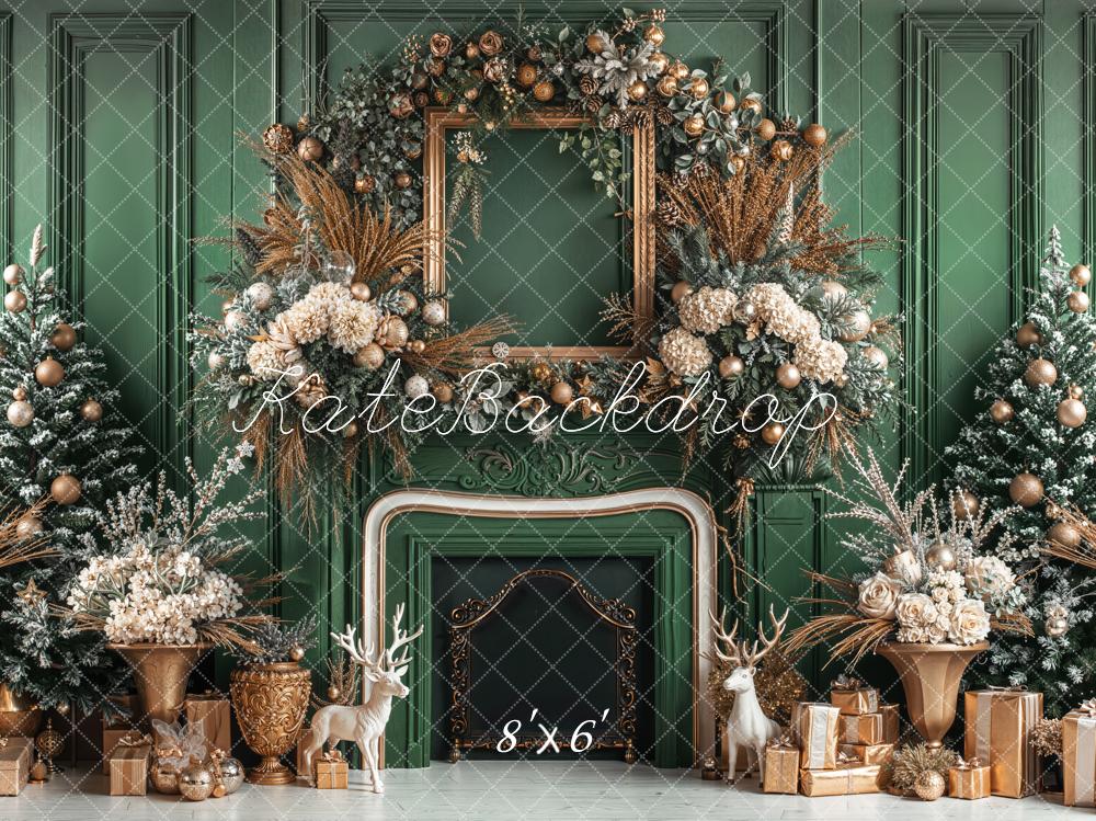 Kate Christmas Green Fireplace Floral Fleece Backdrop Designed by Emetselch - Kate Backdrop AU