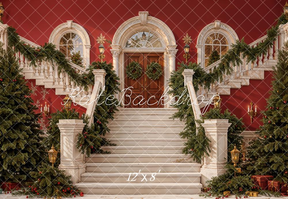 Kate Christmas Trees Stairs Garland Fleece Backdrop Designed by Emetselch - Kate Backdrop AU
