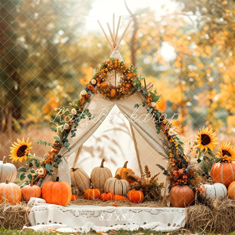 Kate Fall Teepee Pumpkins Sunflowers Backdrop Designed by Patty Roberts