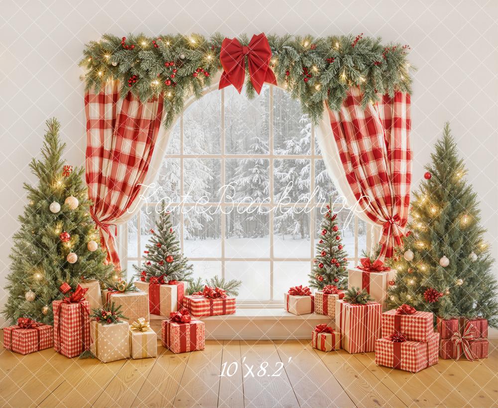 Kate Christmas Plaid Curtains Presents Trees Backdrop Designed by Emetselch