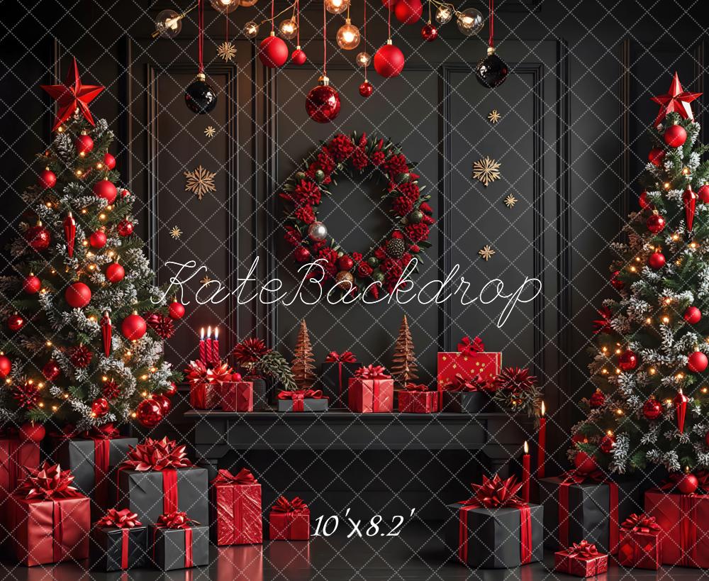 Kate Christmas Trees Wreath Presents Black Wall Backdrop Designed by Mini MakeBelieve