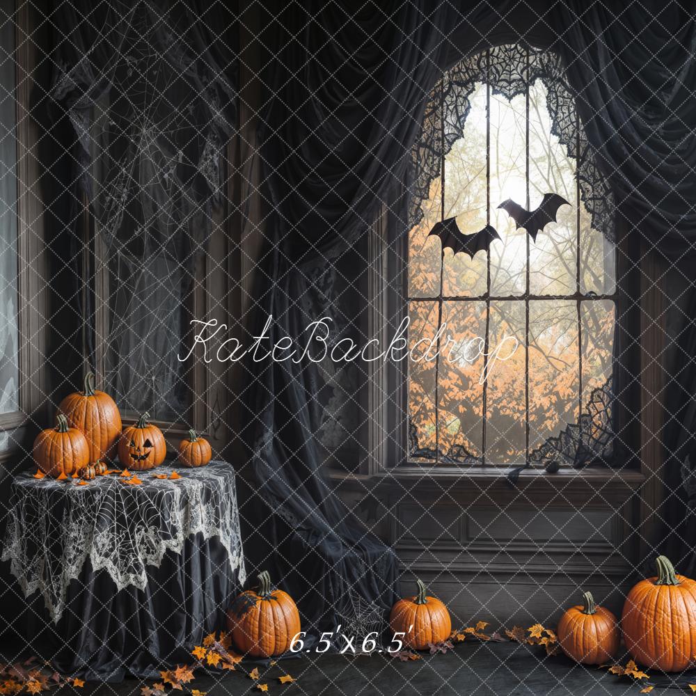 Lightning Deal Kate Halloween Pumpkins Bats Spiderweb Window Backdrop Designed by Emetselch