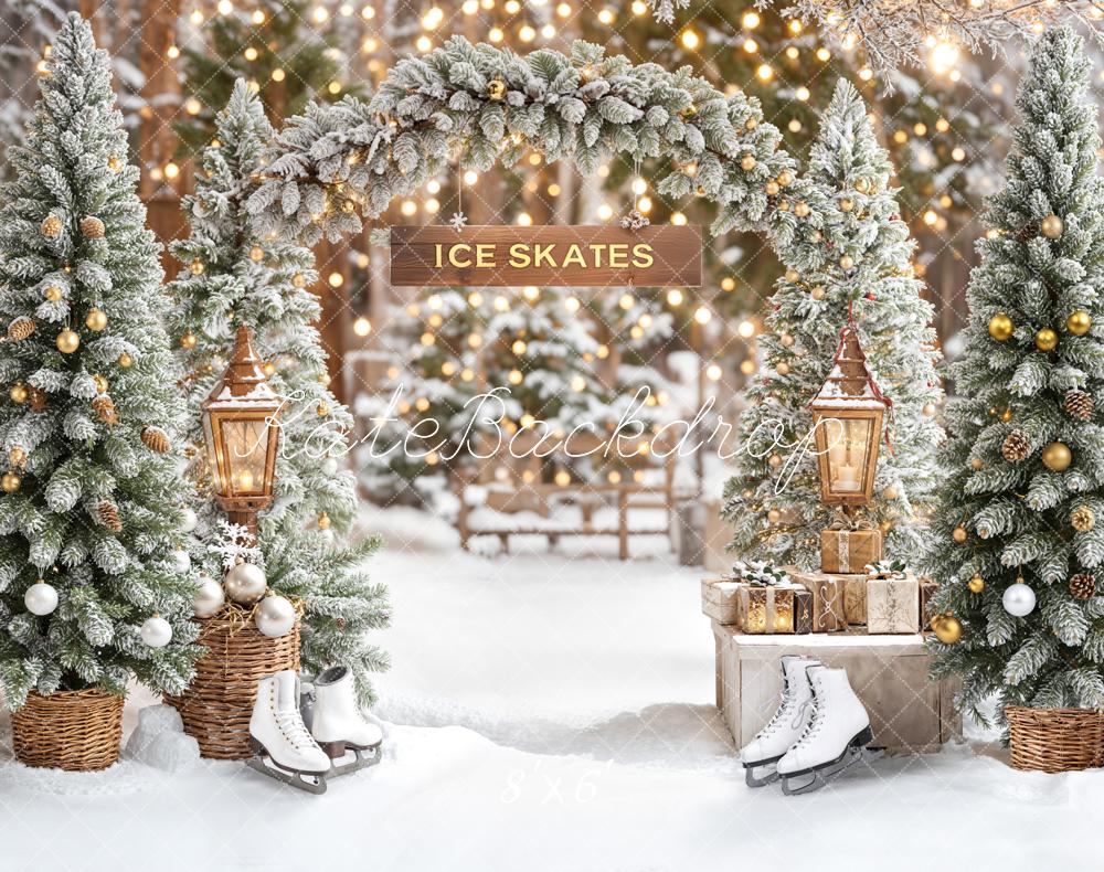 Kate Christmas Ice Skates Snowy Trees Arch Fleece Backdrop Designed by Emetselch - Kate Backdrop AU
