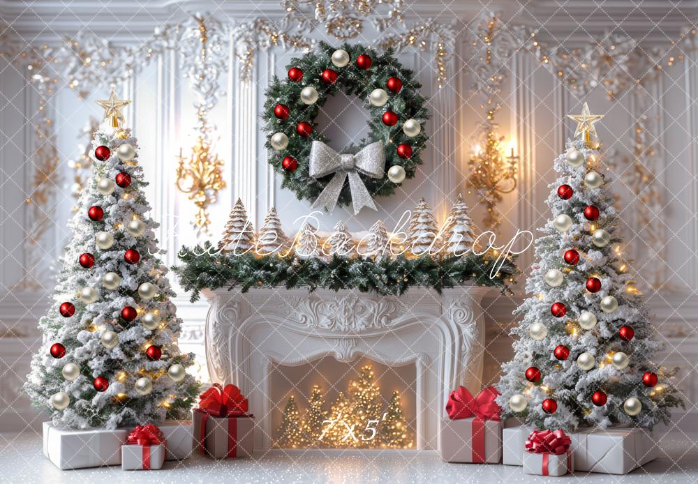 Kate Christmas Trees Fireplace Wreath Gifts Backdrop Designed by Mini MakeBelieve - Kate Backdrop AU