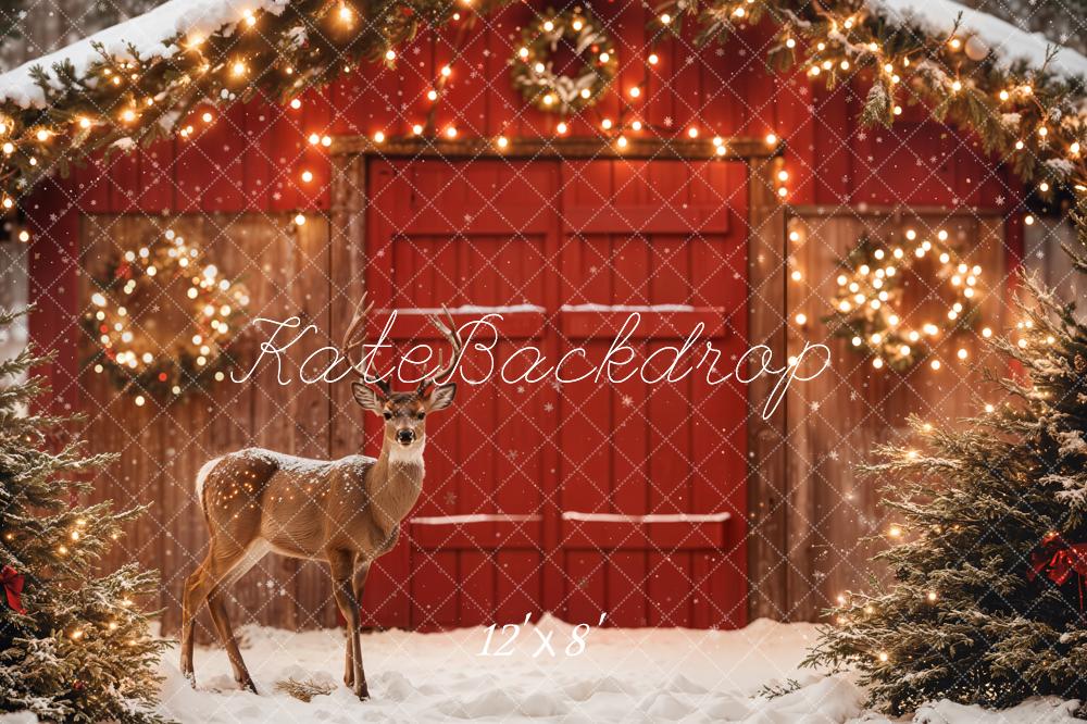 Kate Christmas Deer Red Barn Wreath Fleece Backdrop Designed by Emetselch - Kate Backdrop AU