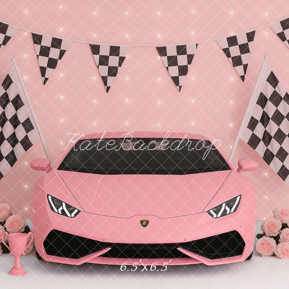 Kate Pink Race Car Checkered Flags Roses Backdrop Designed by Ashley Paul