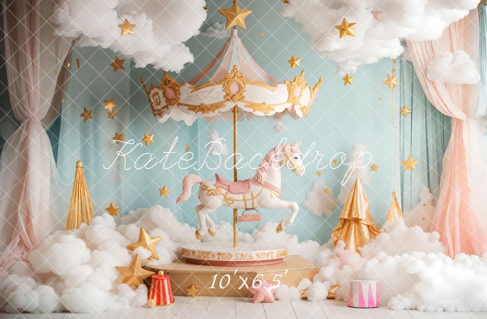 Kate Carousel Horse Clouds Stars Fleece Backdrop Designed by Emetselch - Kate Backdrop AU