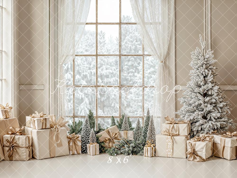 Kate Christmas Gifts Frosted Tree Window Fleece Backdrop Designed by Emetselch - Kate Backdrop AU