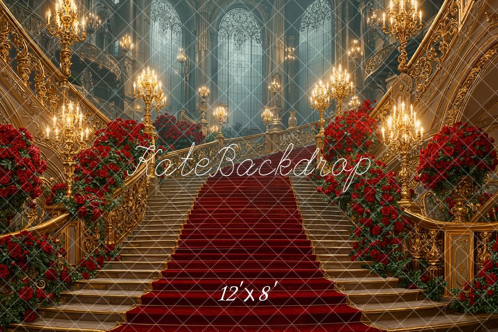 Kate Cascading Stairs Red Roses Grand Chandeliers Backdrop Designed by Emetselch
