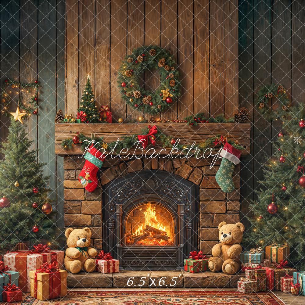Kate Christmas Fireplace Trees Presents Backdrop Designed by Emetselch