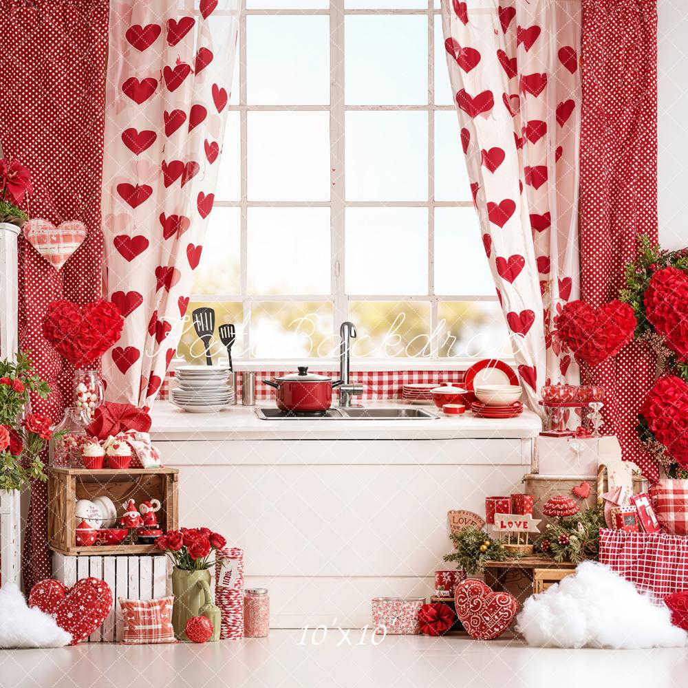 Kate Valentine's Day Kitchen Hearts Red Backdrop Designed by Emetselch