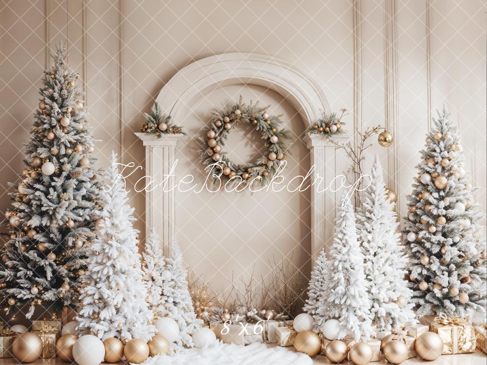 Kate Christmas White Trees Wreath Fleece Backdrop Designed by Emetselch