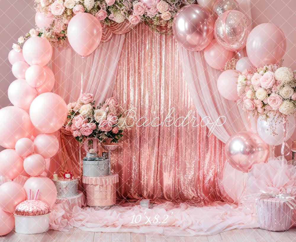 Kate Pink Balloons Pink Curtain Birthday Backdrop Designed by Emetselch - Kate Backdrop AU