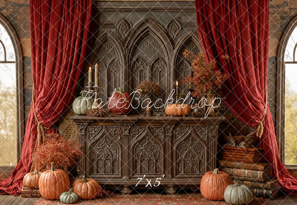 Kate Autumn Gothic Pumpkins Red Curtains Backdrop Designed by Emetselch
