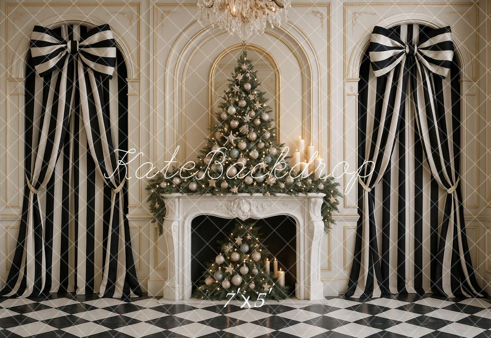 Kate Christmas Tree Fireplace Striped Curtains Backdrop Designed by Ashley Paul - Kate Backdrop AU