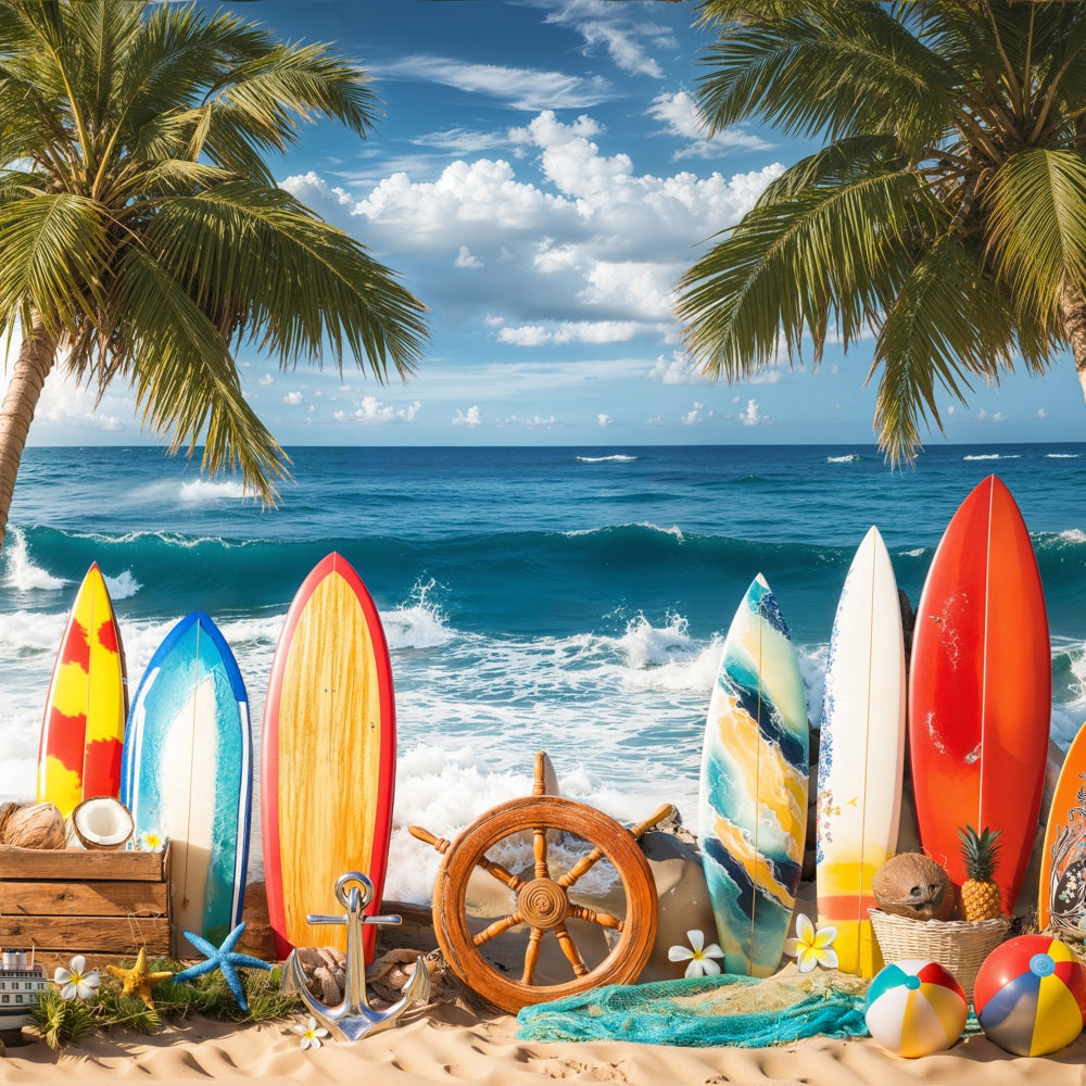 Kate Summer Beach Surfboards Palm Trees Backdrop Designed by Emetselch