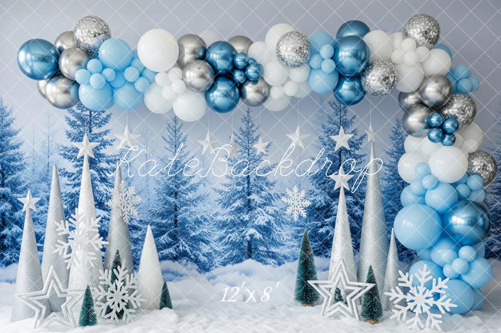 Kate Winter Blue Balloon Snowy Trees Backdrop Designed by Patty Roberts