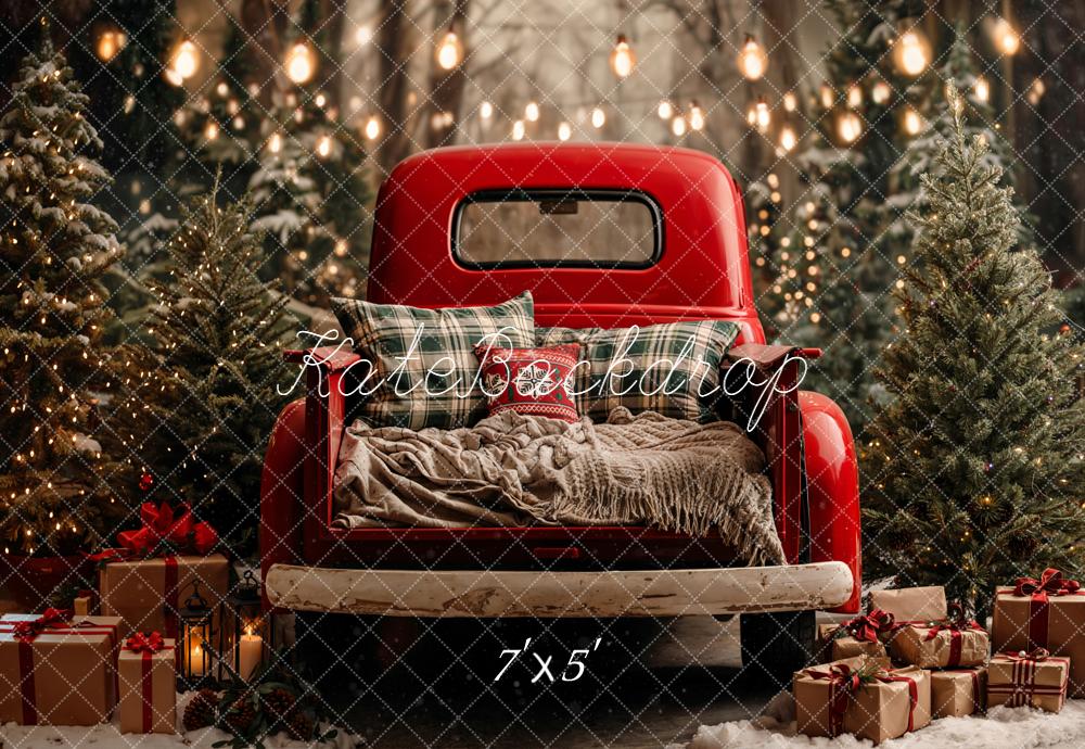 Kate Christmas Red Truck Pine Trees Backdrop Designed by Chain