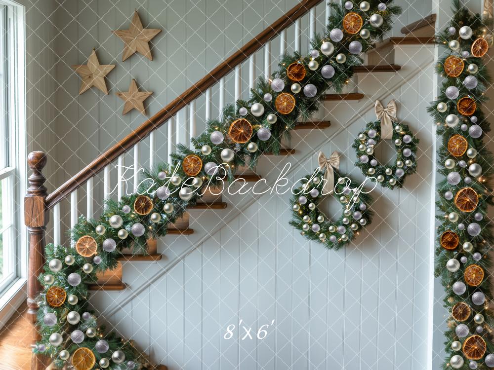 Kate Christmas Staircase Garland Stars Wreaths Backdrop Designed by Mini MakeBelieve - Kate Backdrop AU