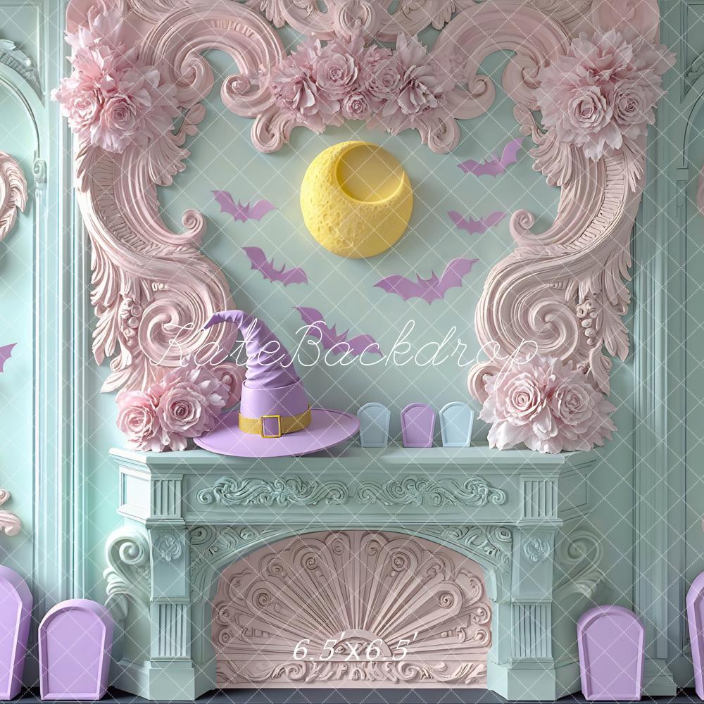 Kate Halloween Pastel Witch Hat Fireplace Bats Backdrop Designed by Mini MakeBelieve