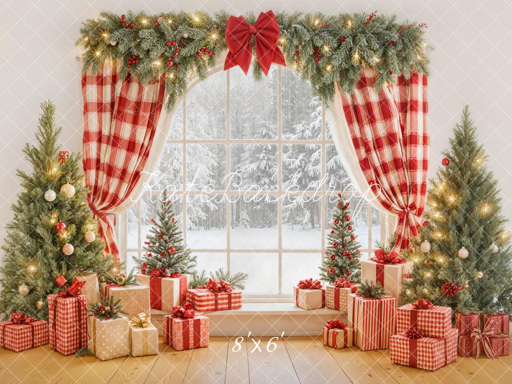 Kate Christmas Plaid Curtains Presents Trees Backdrop Designed by Emetselch