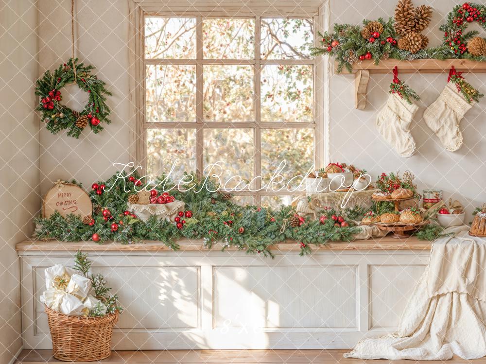 Kate Christmas Window Garland Stockings Fleece Backdrop Designed by Emetselch - Kate Backdrop AU