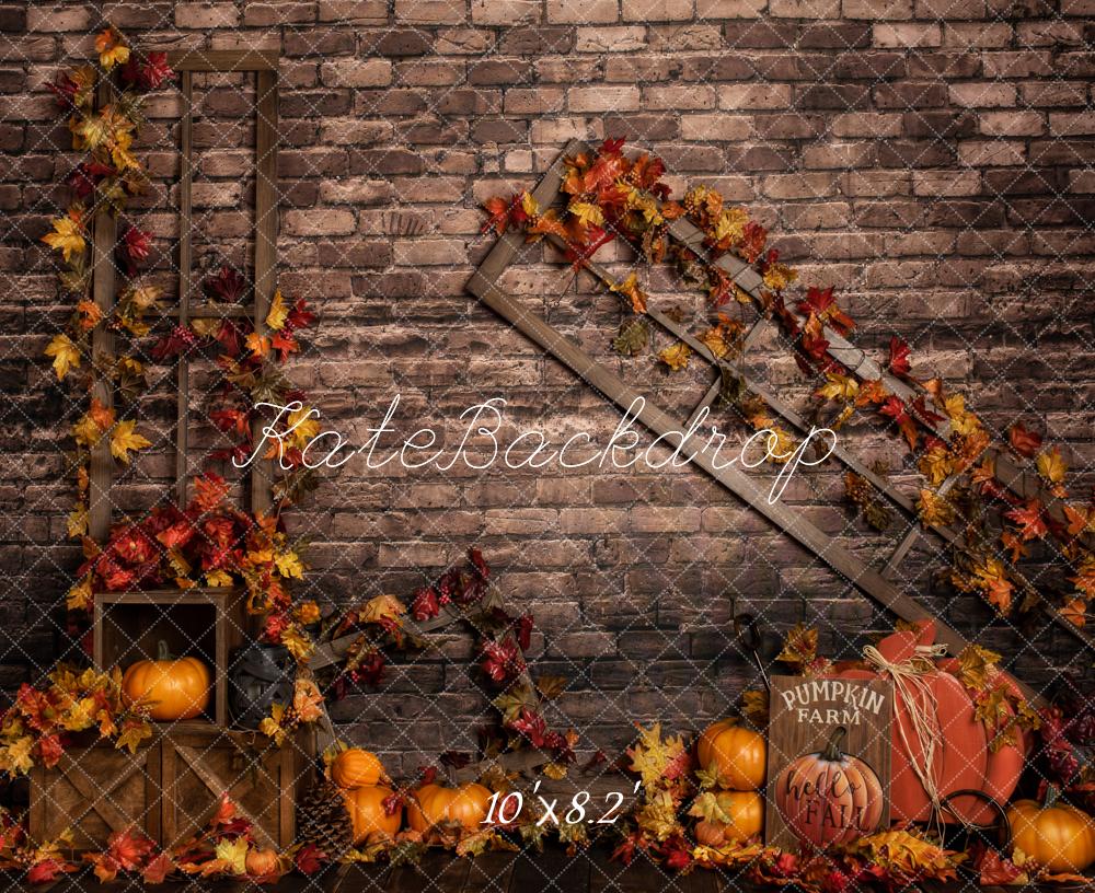 Kate Fall Pumpkins Autumn Leaves Brick Wall Backdrop Designed by Rose Abbas