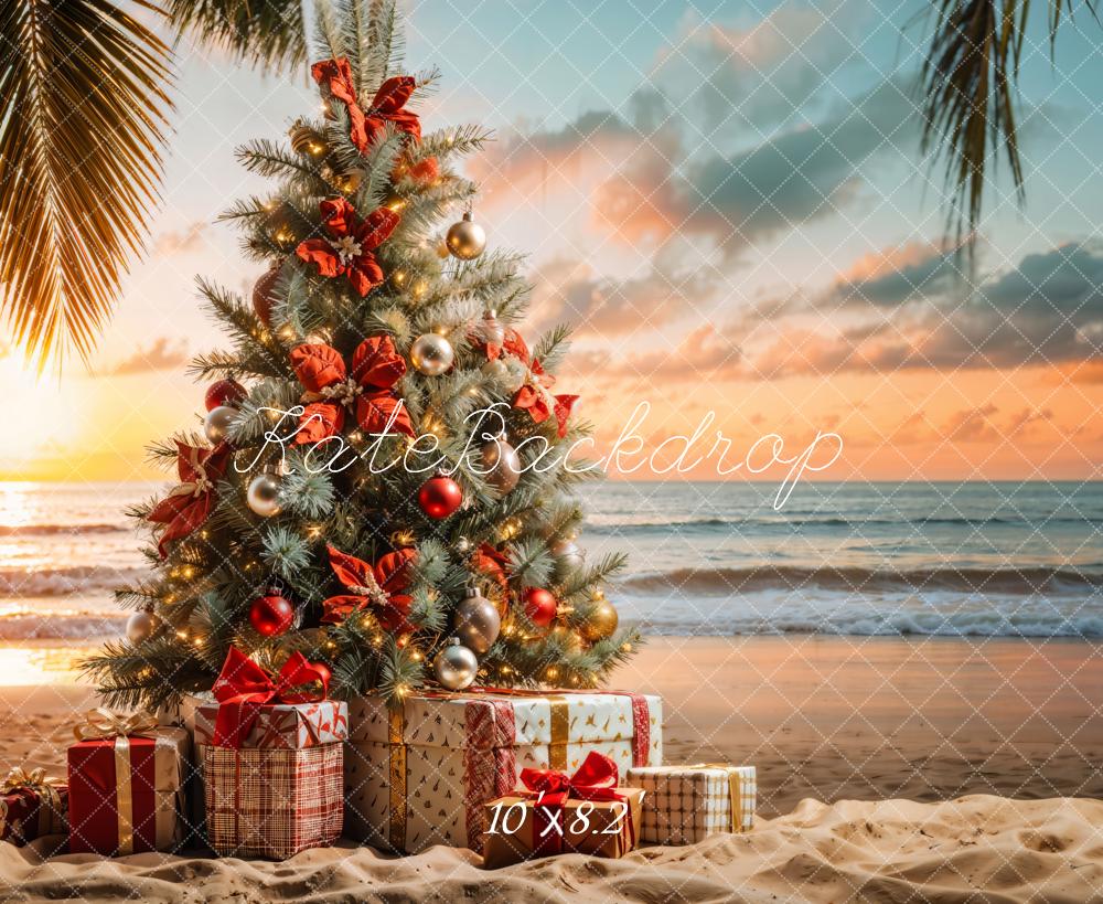 Kate Christmas Tree Presents Beach Sunset Backdrop Designed by Emetselch
