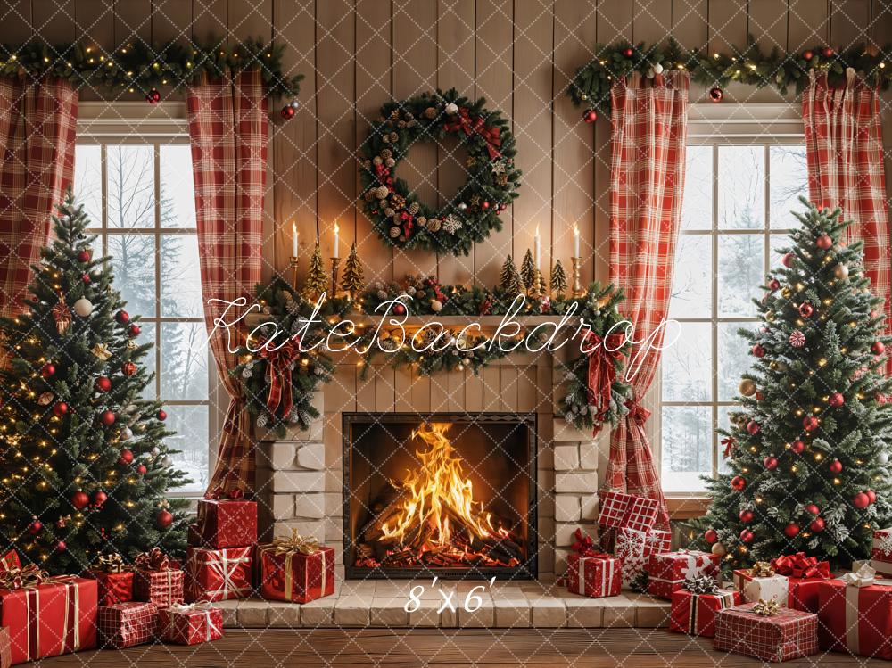 Kate Christmas Fireplace Window Fleece Backdrop Designed by Emetselch - Kate Backdrop AU