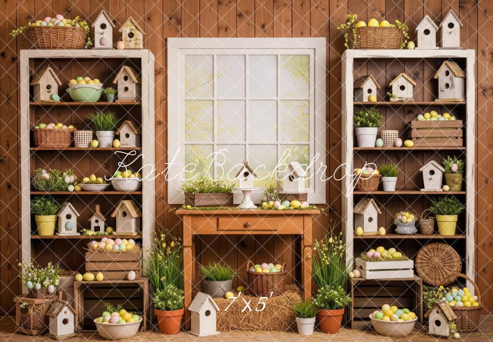 Kate Easter Eggs Birdhouses Wooden Shelves Backdrop Designed by Patty Roberts
