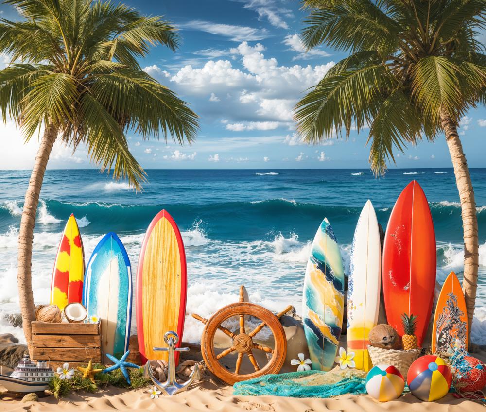 Kate Summer Surfboards Palm Trees Ocean Fleece Backdrop Designed by Emetselch