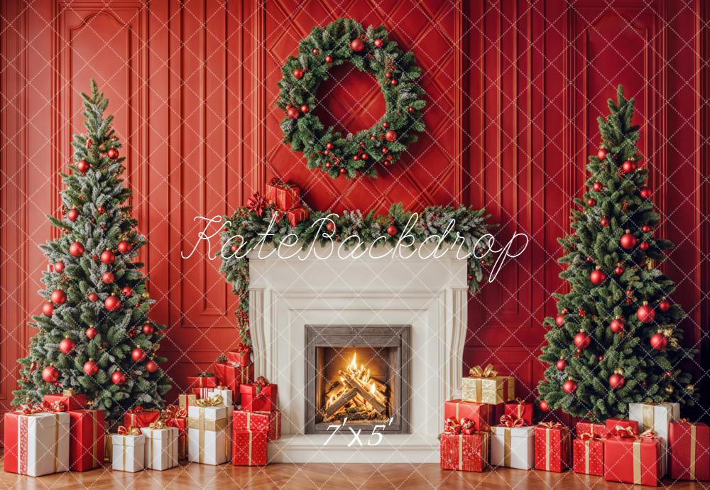 Kate Christmas Red Wall Fireplace Trees Gifts Backdrop Designed by Emetselch